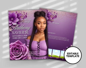 Può includere: Modello di programma funebre viola e oro con una foto di una donna con trecce. Il testo recita "In memoria affettuosa, Anthony Xavier Jr., 4 settembre 1948 - 2 febbraio 2024".