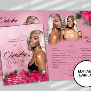 Modèle de notice nécrologique rose ROSE de 8,5 x 11 po (4 pages) Programme funéraire rose style souvenir | Célébration de la vie | Toile