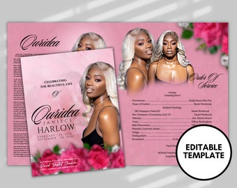 8.5"x 11"  PINK Rose Obituary Template (4 pages)  In loving memory Pink Style Funeral Program | Celebration of Life | Canva