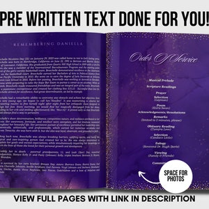 Purple Keepsake Booklet 4 pages Elegant Gold Funeral Program Celebration of life Women purple gold Program Canva Template image 2