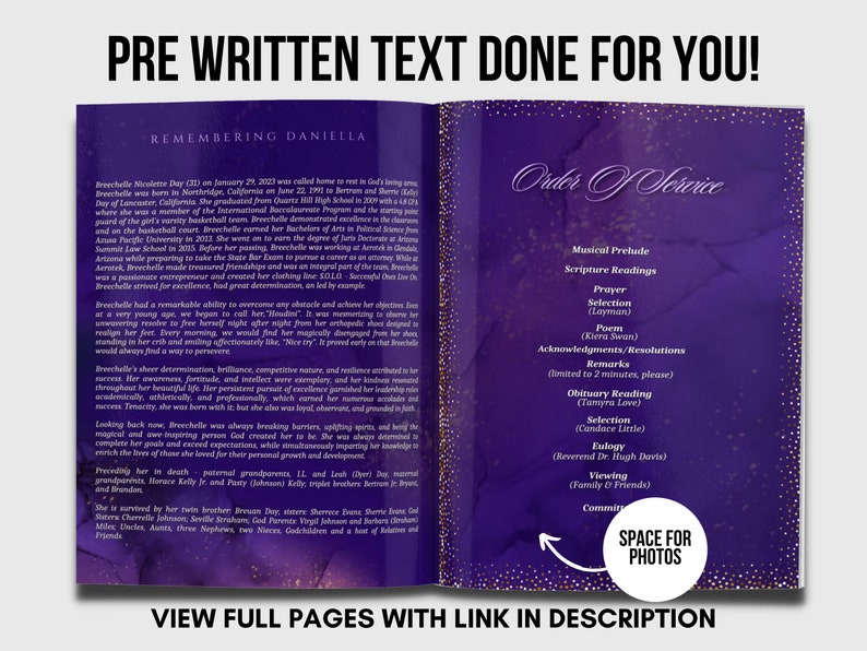 Purple Keepsake Booklet 4 pages Elegant Gold Funeral Program Celebration of life Women purple gold Program Canva Template image 2