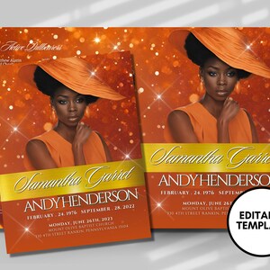 May include: Orange and gold event flyer featuring a woman wearing an orange dress and hat. The flyer includes the names "Samantha Garret" and "Andy Henderson", along with event dates and location. The words "Editable Template" are also visible.