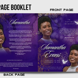 Purple Keepsake Booklet 4 pages Elegant Gold Funeral Program Celebration of life Women purple gold Program Canva Template image 3