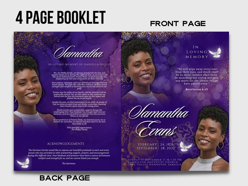 Purple Keepsake Booklet 4 pages Elegant Gold Funeral Program Celebration of life Women purple gold Program Canva Template image 3