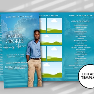 Funeral programs 17x11 editable template TRIFOLD Mens Turquoise Earthy In loving memory funeral brochure printing DIY Funeral booklet