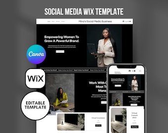 May include: A black and white website template for social media businesses. The template features a woman in a beige blazer and a black top, holding a laptop. The text on the website reads "Empowering Women To Grow A Powerful Brand." and "Work With One Of The Most Trusted Social Media Managers."