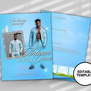 Plantilla de programa funerario para hombres: Azul cielo, en memoria (Canva DIY, 8,5 x 11, 2 páginas)