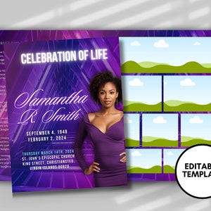 Op de afbeelding: Een paarse en blauwe digitale achtergrond met een witte tekstoverlay die "Celebration of Life" luidt. De tekst is in een vet, sans-serif lettertype. Onder de tekst staat een foto van een vrouw in een paarse jurk. De tekst onder de foto luidt "Samantha R. Smith", "September 4, 1948", "February 2, 2024", "Thursday March 14th, 2024", "St. John's Episcopal Church", "King Street, Christiansted", "Virgin Islands 00820".
