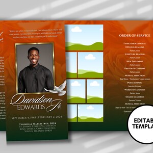 Puede incluir: Plantilla de programa de funeral naranja y verde con una foto de un hombre con traje y una paloma blanca. El texto del programa incluye el nombre Davidson Edwards Jr., las fechas del 4 de septiembre de 1948 al 2 de febrero de 2024, y la fecha y hora del servicio fúnebre. El texto "Plantilla editable" está en un círculo blanco en la esquina inferior derecha del programa.