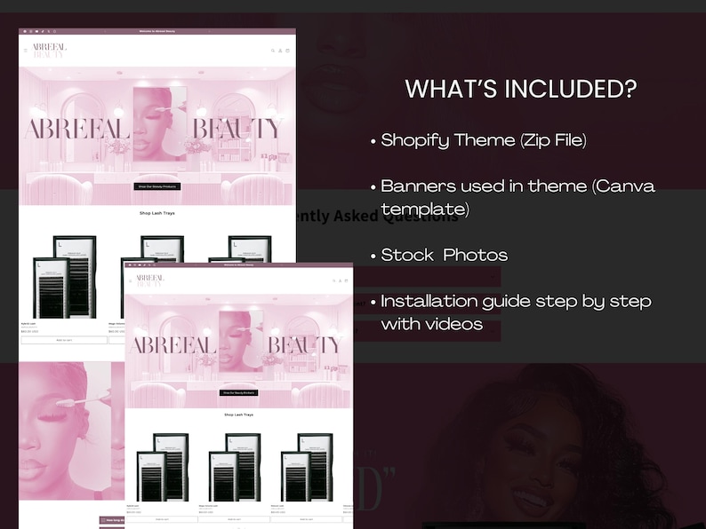 May include: A screenshot of a website for a beauty business called "Abreeal Beauty". The website features a pink and white color scheme and includes images of eyelashes, a banner with the text "Abreeal Beauty", and a section titled "Shop Lash Trays".