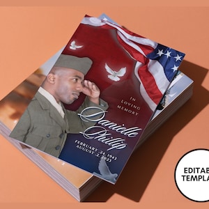 8.5&quot;x11&quot; BOOKLET Memorial program (4 pages)| Military Red Style Funeral Program |Celebration of Life |Keepsake |Digital Download |Canva