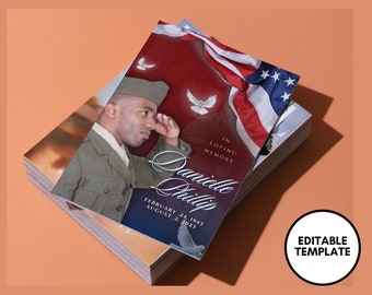 8.5&quot;x11&quot; BOOKLET Memorial program (4 pages)| Military Red Style Funeral Program |Celebration of Life |Keepsake |Digital Download |Canva
