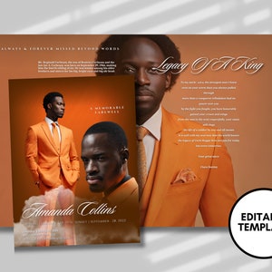 8.5&quot;x 11&quot; Orange Men&#39;s Obituary Template (8 pages) Men&#39;s Style Funeral Program | Celebration of Life | Obituary|Canva Template