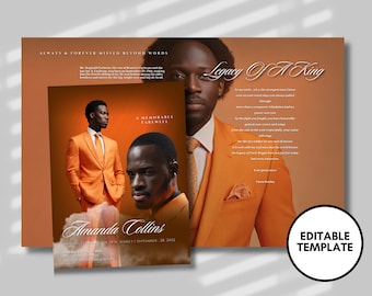 Puede incluir: Una plantilla de memorial en blanco y negro con una foto de un hombre con un traje naranja brillante. El texto "Legacy of a King" está en la parte superior de la página. El texto "A Memorable Farewell" está en la parte superior de la página. El texto "Amanda Collins" está en la parte inferior de la página. El texto "1976 Sunset September 28, 2022" está debajo del nombre. El texto "Editable Template" está en la esquina inferior derecha de la página.