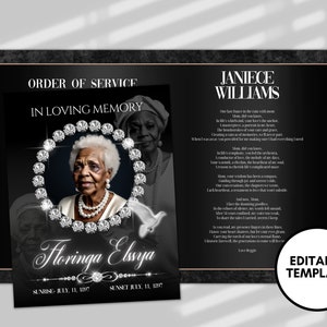 Funeral programs rest in peace editable template 8 page Elder woman bling In loving memory funeral brochure printing DIY Funeral booklet
