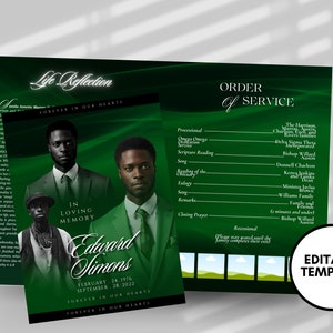 8.5&quot;x11&quot; BOOKLET Memorial program (4 pages)| GREEN Funeral Program |Celebration of Life |Keepsake |Digital Download |Canva Template