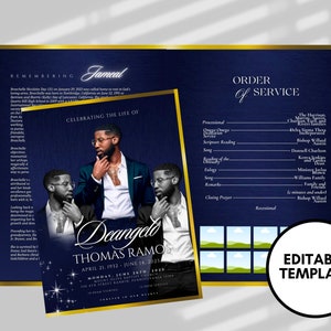 OPUSCOLO 8,5"x11" Programma commemorativo (4 pagine)/Programma funebre in stile BLU SCURO/Celebrazione della vita/Download digitale/Modello Canva
