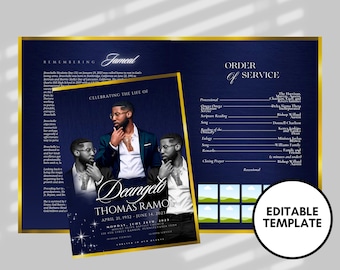 8.5"x11" BOOKLET Memorial program (4 pages)| DARK BLUE Style Funeral Program |Celebration of Life  |Digital Download |Canva Template