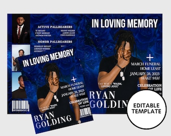 8.5"x11" BOOKLET Memorial program (4 pages)| BLUE GALAXY Style Funeral Program |Celebration of Life  |Digital Download |Canva Template