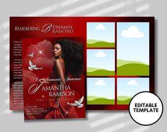 May include: A red and white memorial card with a photo of a woman in a red dress. The text on the card reads "In Memoria Amorosa Samantha Ramison April 7, 1996 - May 10, 3099" and "May 13, 2099 Pastor Matthew Saint John Church 66665 Trydst".