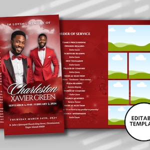Red Glamour Funeral Program Template: Mens Trifold Brochure (17x11 Editable DIY)