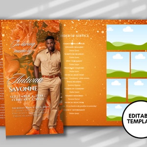 Puede incluir: Plantilla de programa de funeral naranja y blanco con una foto de un hombre con una camisa beige y pantalones caqui. El programa incluye el orden del servicio, el nombre del fallecido, las fechas de nacimiento y muerte, y la fecha y el lugar del servicio fúnebre.