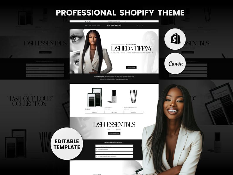 May include: A black and white website design template for a lash business. The website features a black and white color scheme with a modern design. The website includes a header with the text "LASH ED BY TIFFANY" and a section with the text "LASH ESSENTIALS". The website also includes a section with a photo of a woman with long eyelashes.
