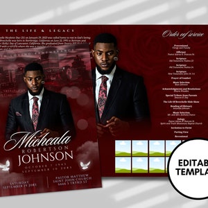 8.5&quot;x11&quot; Red funeral pamphlet magazine (4 pages) | Elegant Style Funeral Program |Celebration of Life |Keepsake |Digital Download |Canva