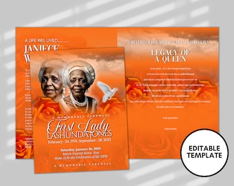 Funeral programs rest in peace editable template 8 page woman Orange African In loving memory funeral brochure printing DIY Funeral booklet