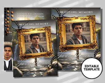 Gold Obituary Program Template: Celebration of Life, Men's Funeral (Canva Template)