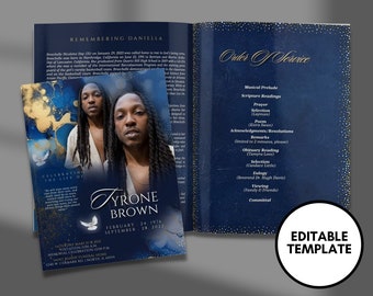 8.5"x11" BOOKLET Memorial program (4 pages) |BLUE Funeral Program |Celebration of Life |Keepsake |Digital Download |Canva Template