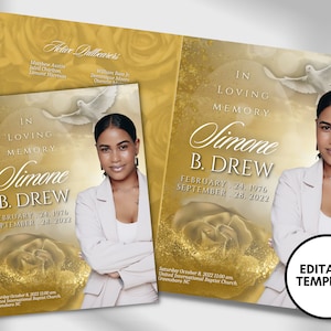 8.5&quot;x11&quot; BOOKLET Memorial program (4 pages)| GOLD Style Funeral Program |Celebration of Life |Keepsake |Digital Download |Canva Template