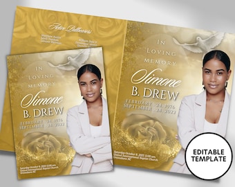 May include: A gold and white funeral program template with a photo of a woman and a dove. The text reads "In Loving Memory Simone B. Drew February 24, 1976 - September 28, 2022".