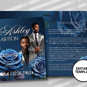 Programmes funéraires 8,5 x 11 pouces, modèle modifiable de 8 pages pour homme, bleu argent, impression de brochure funéraire à la mémoire des hommes, livret funéraire bricolage