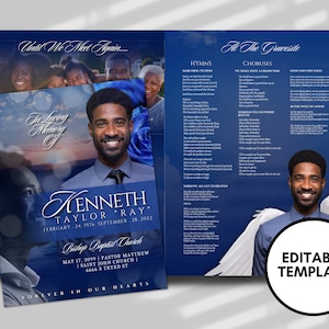 May include: A blue and white funeral program template with a photo of a man and the text "Until We Meet Again..." at the top. The program includes hymns, choruses, and the text "In Loving Memory of Kenneth Taylor "Ray" February 24, 1976 - September 28, 2022". The program also includes the text "Bishop Baptist Church May 17, 3099 | Pastor Matthew | Saint John Church | 6644 S Tryrd St" and "Forever in Our Hearts".