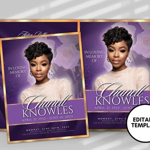 Può includere: Un modello commemorativo viola e oro con un ritratto di donna, il testo "In Loving Memory Of Chanell Knowles" e le date. Il design include accenti floreali e le parole "Editable Template".