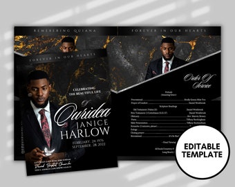 8.5"x 11"  BLACK GOLD SILVER Obituary Funeral Program Template (4 pages)  In loving memory Style Funeral Program |Celebration of Life |Canva
