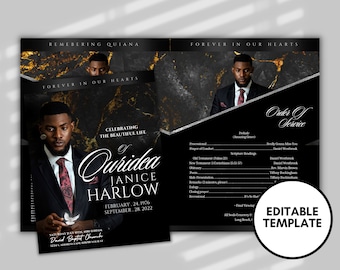 Plantilla de programa funerario en oro negro: Celebración de la vida (Canva, 8,5" x 11")