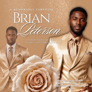 May include: A memorial card with a gold background and a rose. The card features a photo of a man in a gold suit and the text "A MEMORABLE FAREWELL BRIAN Peterson SUNRISE FEBRUARY 24, 1976 SUNSET | SEPTEMBER 28, 2022 Saturday, January 26, 2024 • March Funeral Home-East Wake 11:30 AM Celebration of life 12PM"