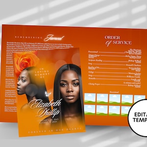 Puede incluir: Plantilla de programa de funeral naranja y blanco con una foto de una mujer. El texto "Remembering Jameal" está en la parte superior de la página. El texto "In Loving Memory of Elizabeth Phillip" está en el centro de la página. El texto "February 24, 1943 - August 2, 2023" está debajo del nombre. El texto "Forever in Our Hearts" está en la parte inferior de la página. El texto "Order of Service" está en la parte superior del lado derecho de la página. El texto "Editable Template" está en la parte inferior del lado derecho de la página.