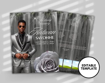 Men's Funeral Program Template: Silver Glitter, In Loving Memory (8.5x11, Editable Canva)