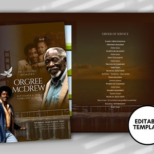 May include: A brown and white funeral program with a photo of a man and his family. The program includes the name "Orgree McDrew" and the dates September 4, 1948 - February 2, 2024. The program also includes the order of service for the funeral.