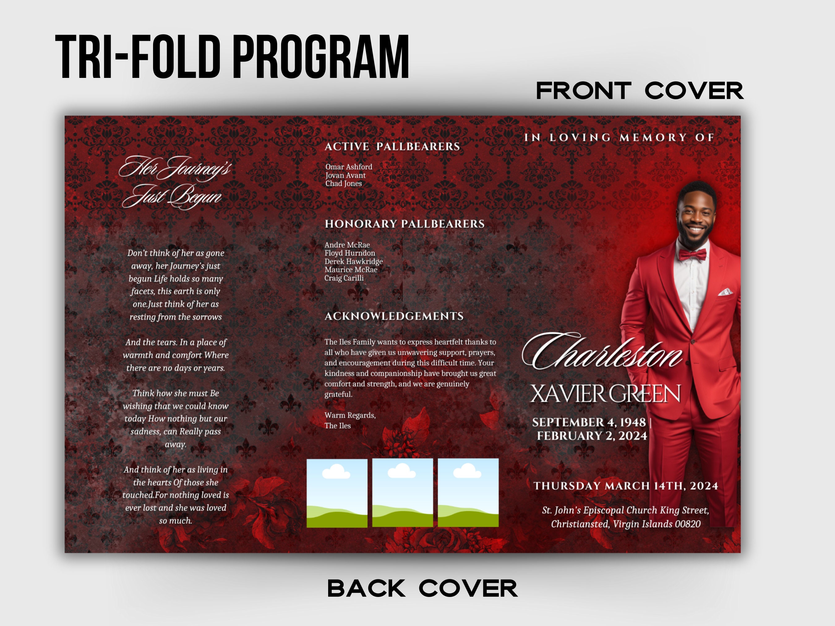 Red & Grey Funeral Program Template: Trifold Memorial Booklet (17x11 ...