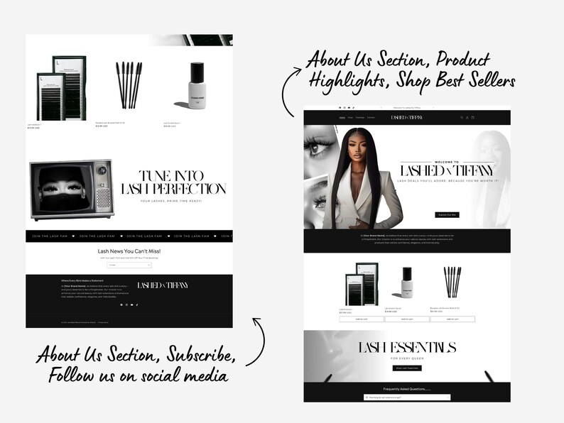 May include: A website screenshot showing a black and white website design for a lash business called "Lashed by Tiffany". The website features a black and white photo of a woman with long lashes, a section titled "Lash Essentials", and a section titled "Tune into Lash Perfection".