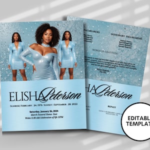 May include: A blue and white funeral announcement template with a photo of a woman in a blue sequined dress. The text reads "ELISHA Peterson" and includes the dates of her birth and passing. The announcement also includes information about the funeral service and repast.