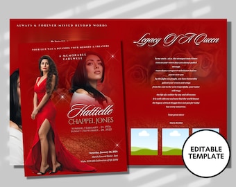 May include: A red and white memorial card with a photo of a woman in a red dress. The text on the card reads "Legacy of a Queen" and includes a poem about the woman's life. The card also includes the woman's name, birthdate, and death date.