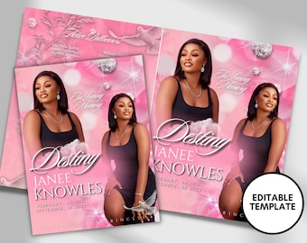 Può includere: Modello di annuncio funebre rosa e bianco con una foto di una donna in un abito nero. Il testo recita "In memoria affettuosa" e "Destiny Janee Knowles" con le date di nascita e di morte. Il modello è modificabile.