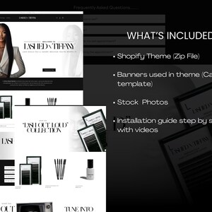 May include: A website screenshot showing a Shopify theme for a lash business. The website features a black and white color scheme with images of lashes and a model. The text "LASH OUT LOUD COLLECTION" is displayed on the website. The text "WHAT'S INCLUDED?" is displayed on the right side of the image with a list of items included in the theme.