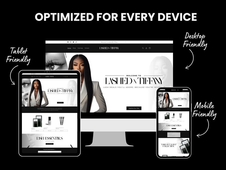 May include: A website screenshot showing a black and white website design with the text "LASHED & TIFFANY" and the tagline "LASH DEALS YOU'LL ADORE BECAUSE YOU'RE WORTH IT". The website is optimized for different devices, including desktop, tablet, and mobile.