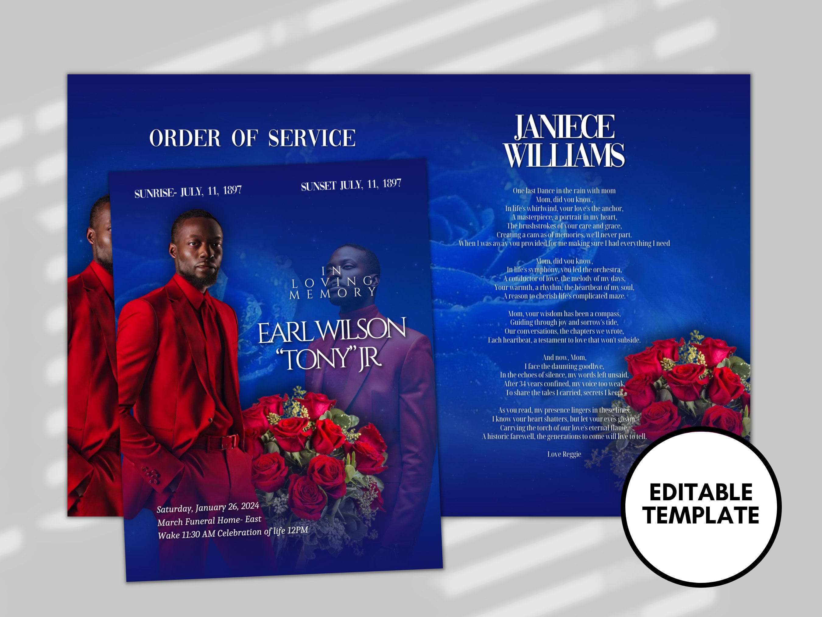 Blue Roses Funeral Program Template: 8-page Memorial Brochure (DIY ...